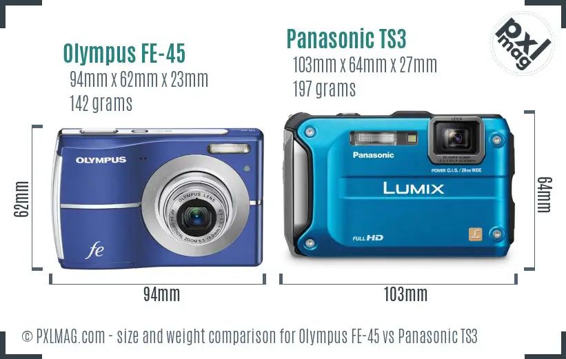 Olympus FE-45 vs Panasonic TS3 size comparison Olympus FE-45 vs Panasonic TS3 size comparison