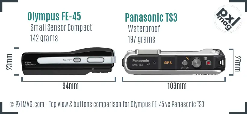 Olympus FE-45 vs Panasonic TS3 top view buttons comparison Olympus FE-45 vs Panasonic TS3 top view buttons comparison