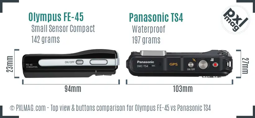 Olympus FE-45 vs Panasonic TS4 top view buttons comparison