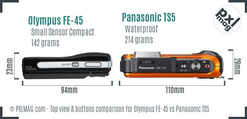 Olympus FE-45 vs Panasonic TS5 top view buttons comparison