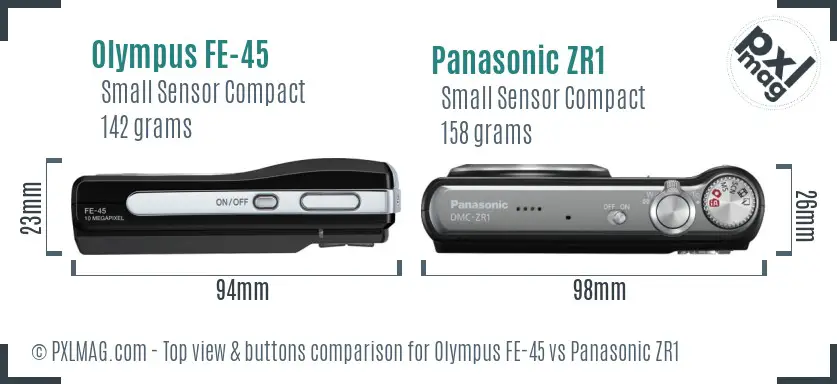Olympus FE-45 vs Panasonic ZR1 top view buttons comparison