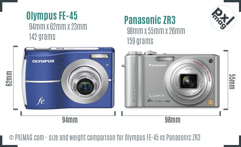 Olympus FE-45 vs Panasonic ZR3 size comparison