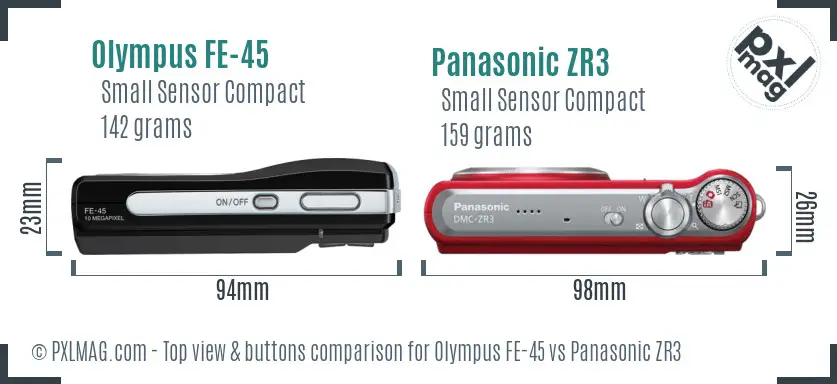 Olympus FE-45 vs Panasonic ZR3 top view buttons comparison