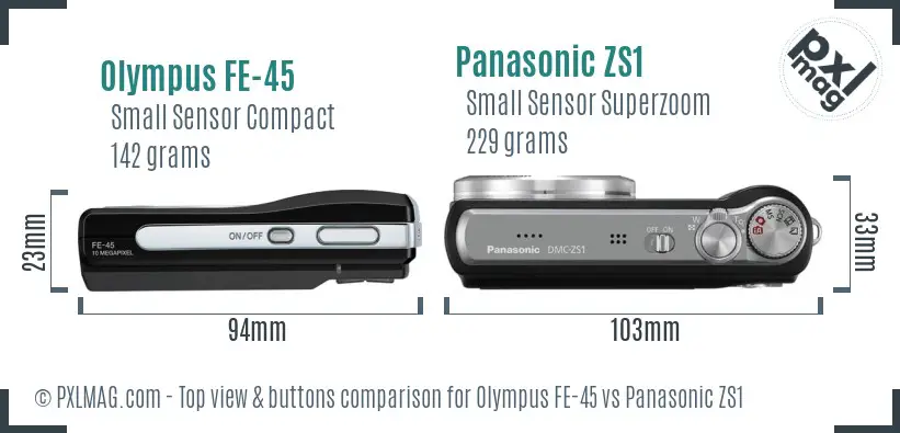 Olympus FE-45 vs Panasonic ZS1 top view buttons comparison