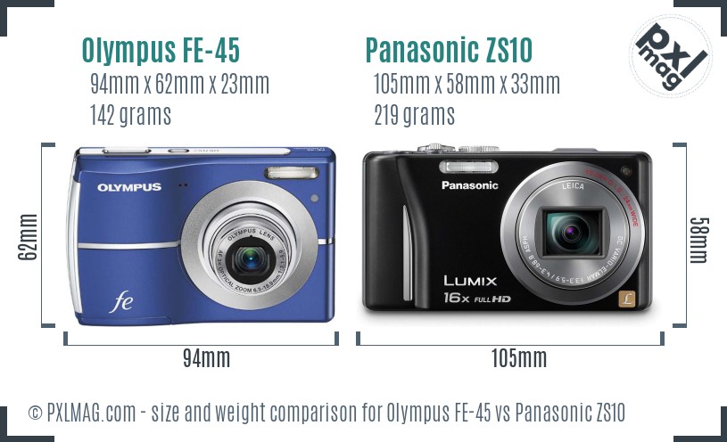 Olympus FE-45 vs Panasonic ZS10 size comparison