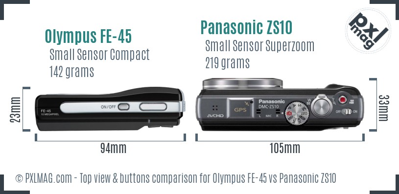 Olympus FE-45 vs Panasonic ZS10 top view buttons comparison