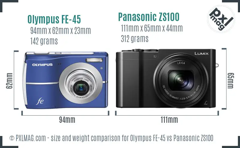 Olympus FE-45 vs Panasonic ZS100 size comparison