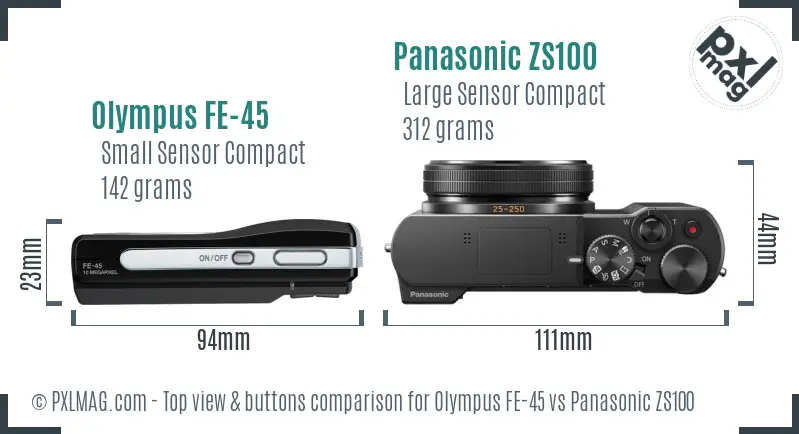 Olympus FE-45 vs Panasonic ZS100 top view buttons comparison