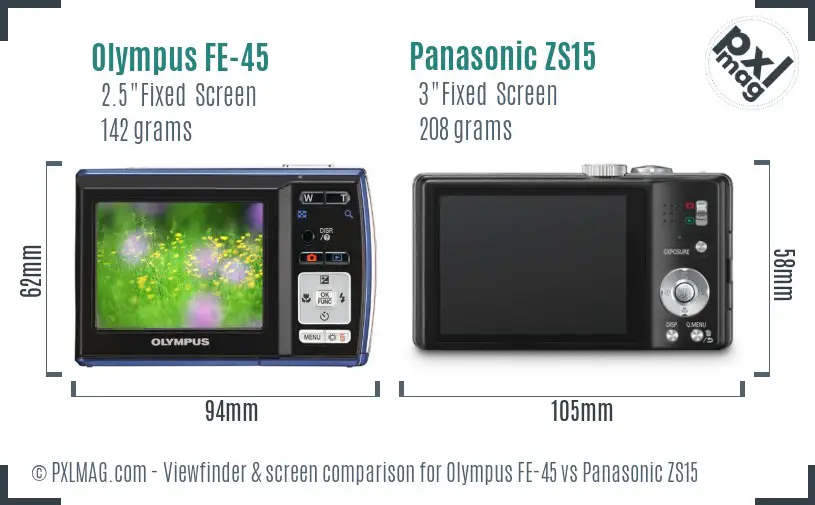 Olympus FE-45 vs Panasonic ZS15 Screen and Viewfinder comparison