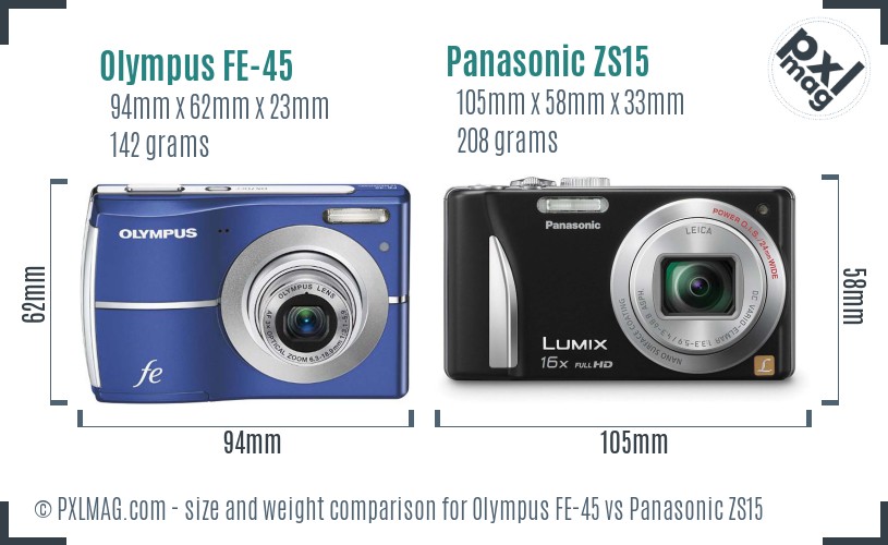 Olympus FE-45 vs Panasonic ZS15 size comparison