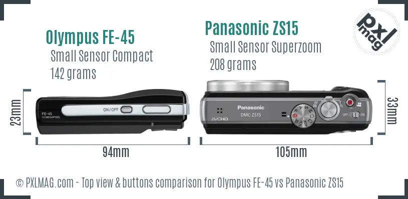 Olympus FE-45 vs Panasonic ZS15 top view buttons comparison
