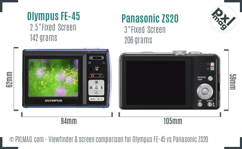 Olympus FE-45 vs Panasonic ZS20 Screen and Viewfinder comparison