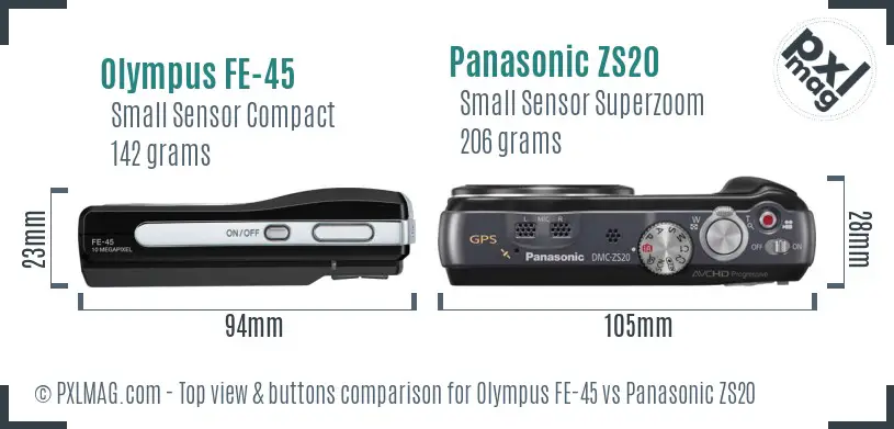 Olympus FE-45 vs Panasonic ZS20 top view buttons comparison