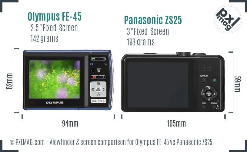 Olympus FE-45 vs Panasonic ZS25 Screen and Viewfinder comparison