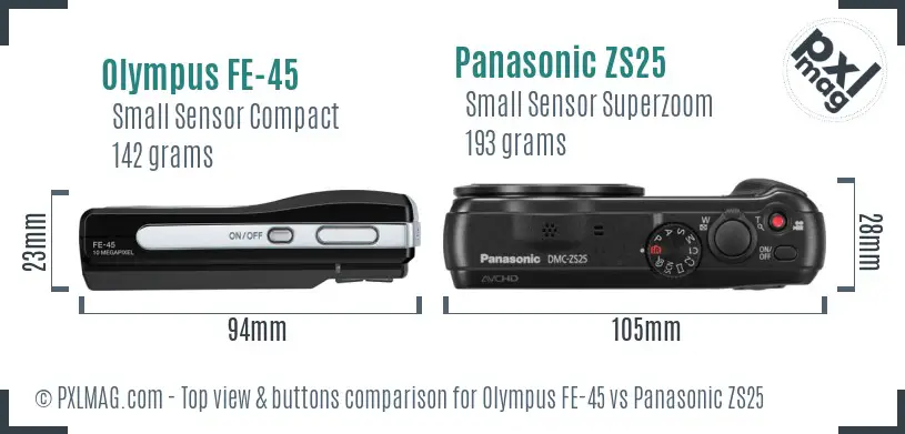 Olympus FE-45 vs Panasonic ZS25 top view buttons comparison