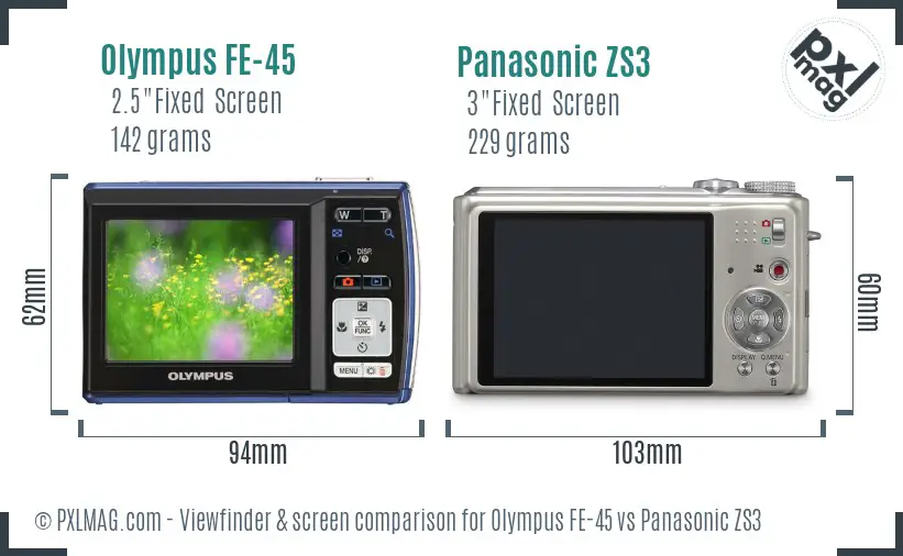Olympus FE-45 vs Panasonic ZS3 Screen and Viewfinder comparison