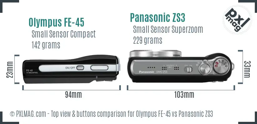 Olympus FE-45 vs Panasonic ZS3 top view buttons comparison
