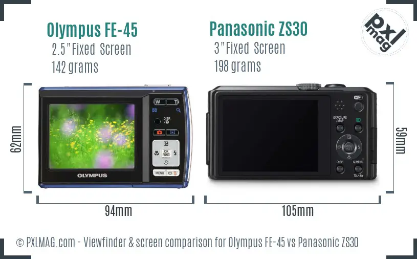 Olympus FE-45 vs Panasonic ZS30 Screen and Viewfinder comparison