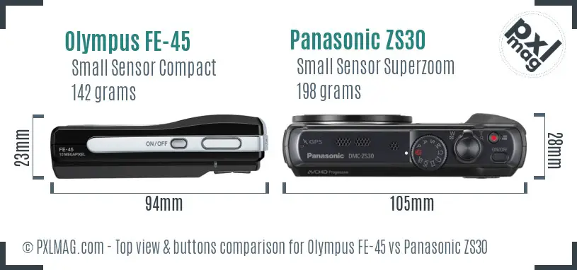 Olympus FE-45 vs Panasonic ZS30 top view buttons comparison