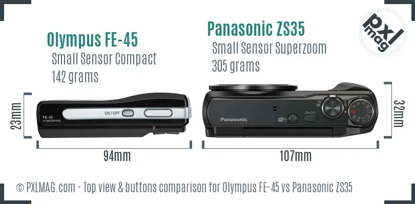 Olympus FE-45 vs Panasonic ZS35 top view buttons comparison