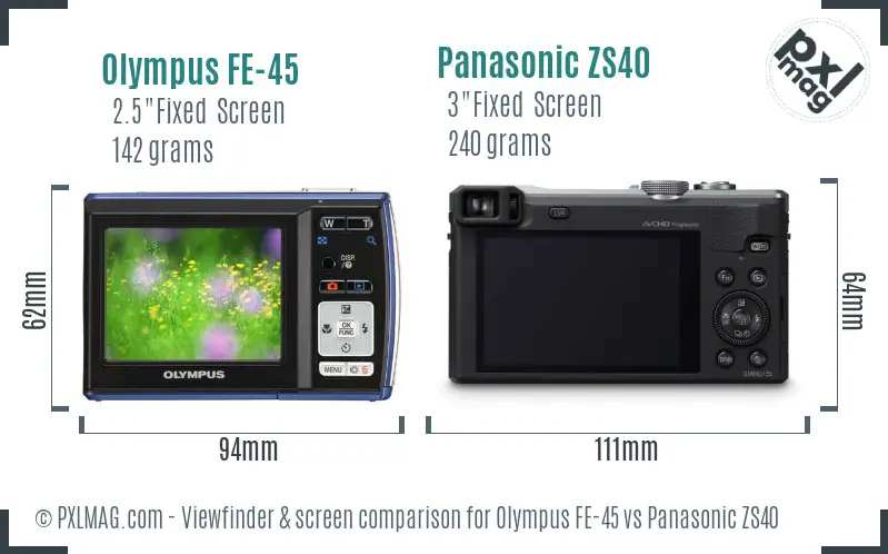 Olympus FE-45 vs Panasonic ZS40 Screen and Viewfinder comparison