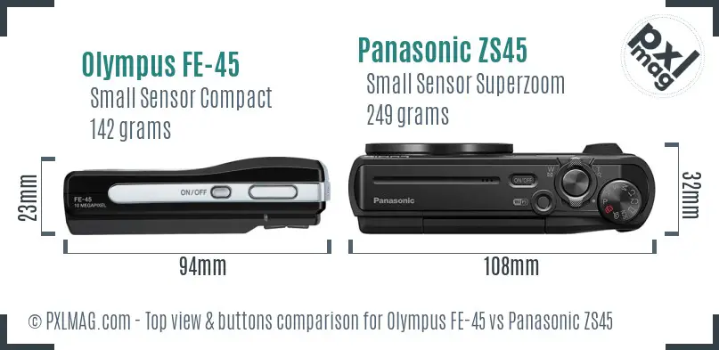 Olympus FE-45 vs Panasonic ZS45 top view buttons comparison