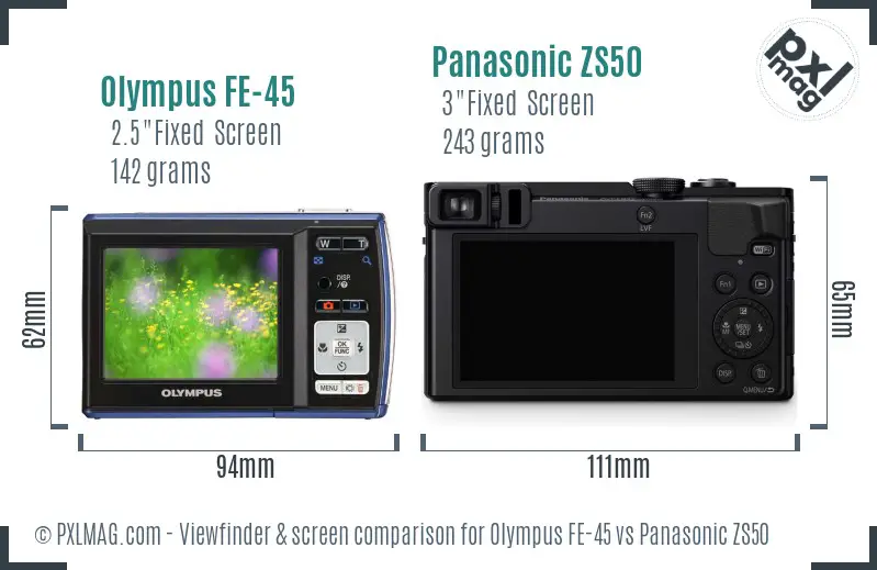 Olympus FE-45 vs Panasonic ZS50 Screen and Viewfinder comparison