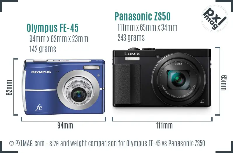 Olympus FE-45 vs Panasonic ZS50 size comparison
