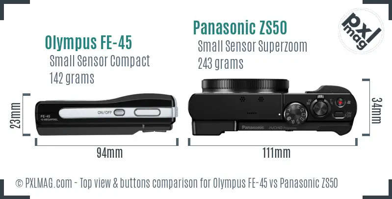 Olympus FE-45 vs Panasonic ZS50 top view buttons comparison