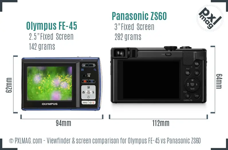 Olympus FE-45 vs Panasonic ZS60 Screen and Viewfinder comparison