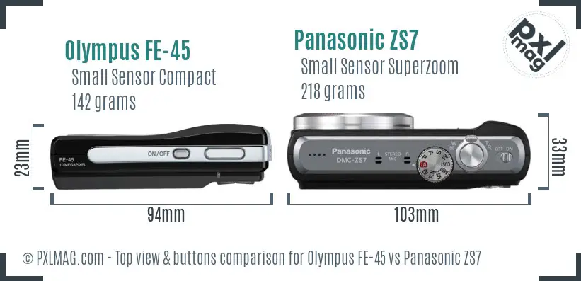 Olympus FE-45 vs Panasonic ZS7 top view buttons comparison