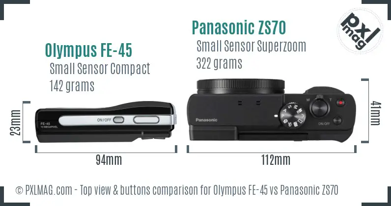 Olympus FE-45 vs Panasonic ZS70 top view buttons comparison