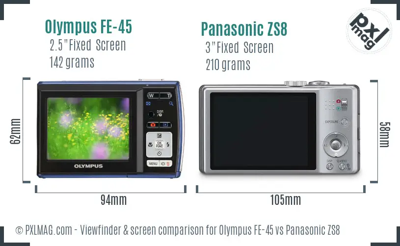 Olympus FE-45 vs Panasonic ZS8 Screen and Viewfinder comparison