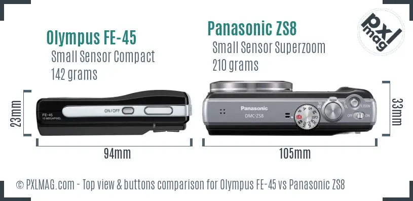 Olympus FE-45 vs Panasonic ZS8 top view buttons comparison