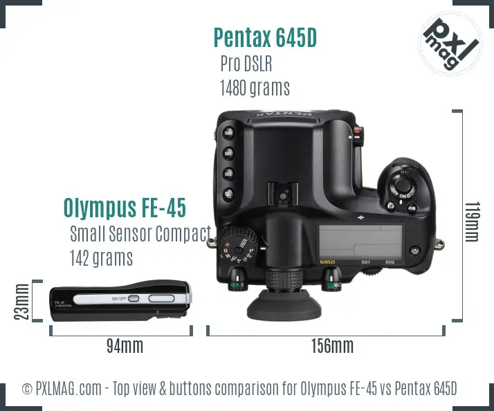 Olympus FE-45 vs Pentax 645D top view buttons comparison