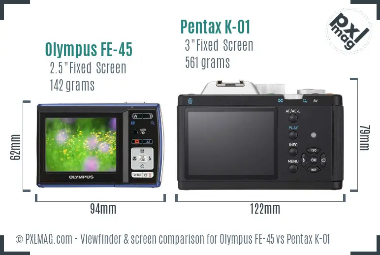 Olympus FE-45 vs Pentax K-01 Screen and Viewfinder comparison
