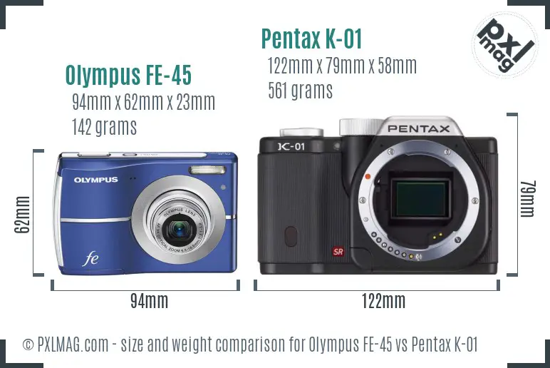 Olympus FE-45 vs Pentax K-01 size comparison