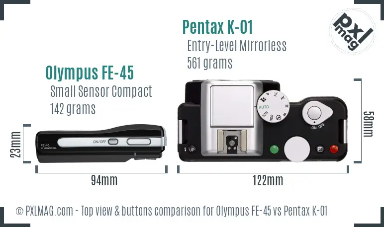Olympus FE-45 vs Pentax K-01 top view buttons comparison