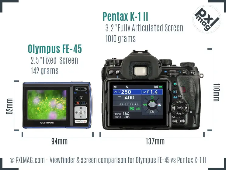 Olympus FE-45 vs Pentax K-1 II Screen and Viewfinder comparison