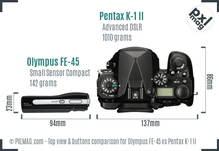 Olympus FE-45 vs Pentax K-1 II top view buttons comparison