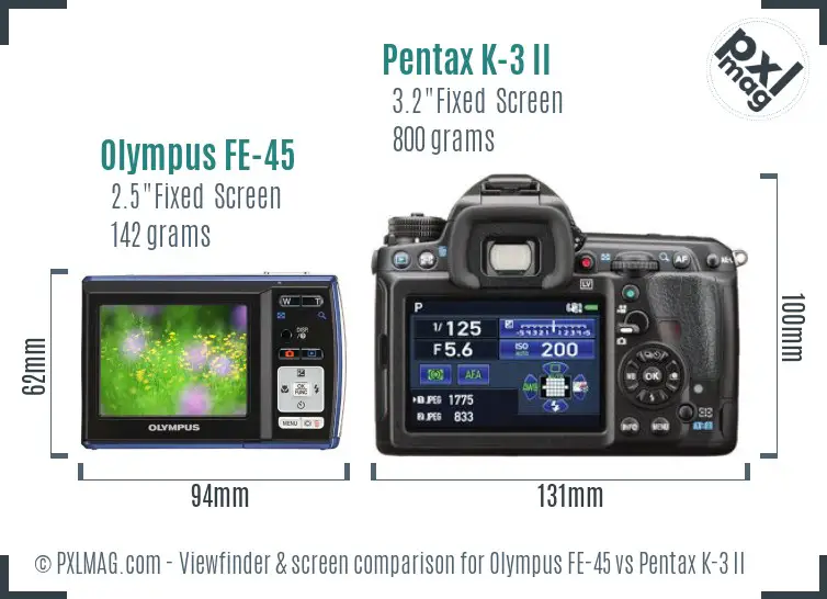 Olympus FE-45 vs Pentax K-3 II Screen and Viewfinder comparison