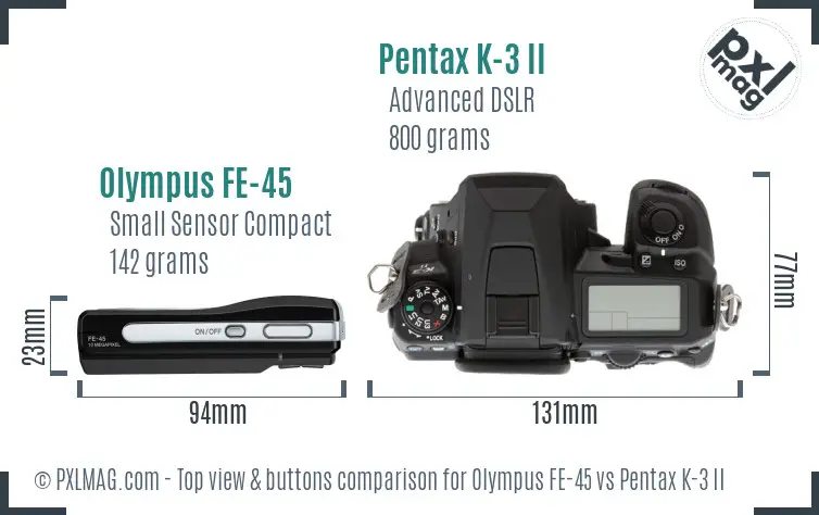 Olympus FE-45 vs Pentax K-3 II top view buttons comparison