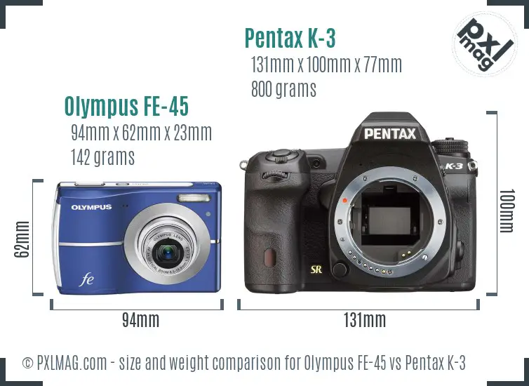Olympus FE-45 vs Pentax K-3 size comparison