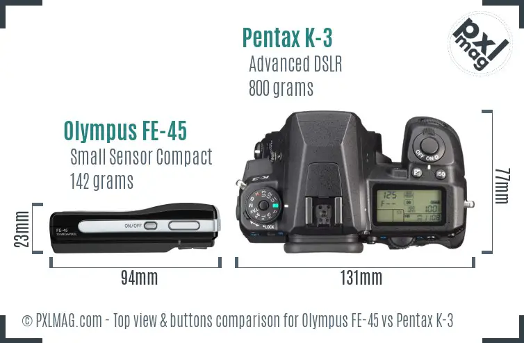 Olympus FE-45 vs Pentax K-3 top view buttons comparison