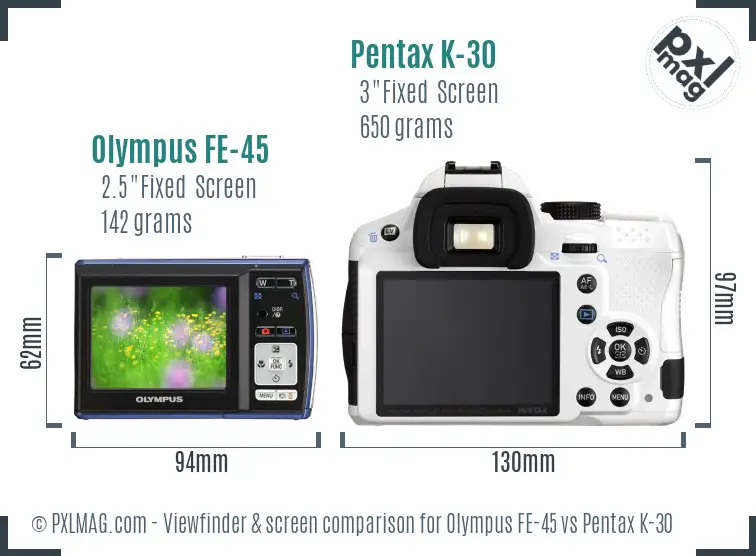 Olympus FE-45 vs Pentax K-30 Screen and Viewfinder comparison