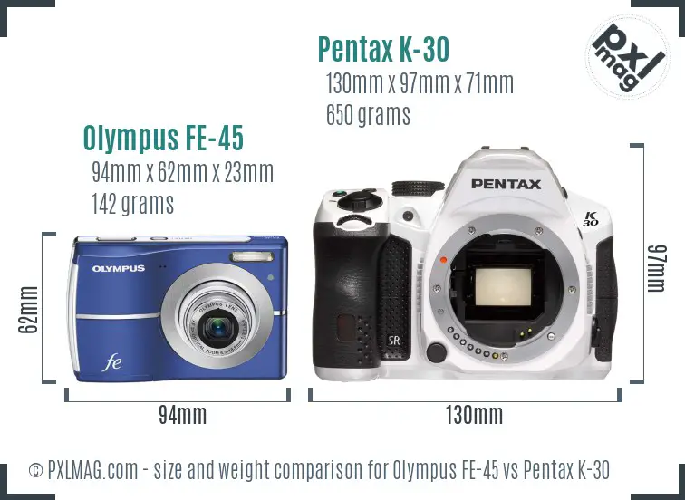 Olympus FE-45 vs Pentax K-30 size comparison