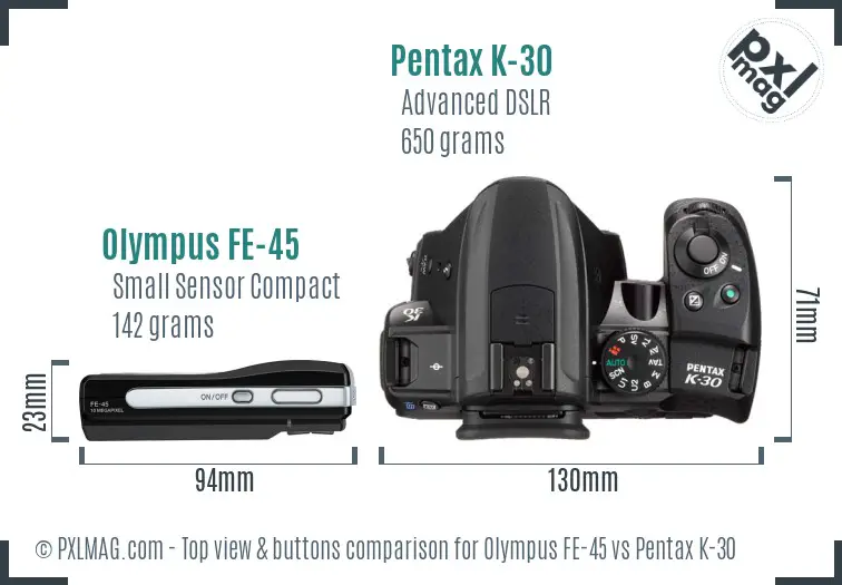 Olympus FE-45 vs Pentax K-30 top view buttons comparison