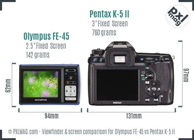 Olympus FE-45 vs Pentax K-5 II Screen and Viewfinder comparison