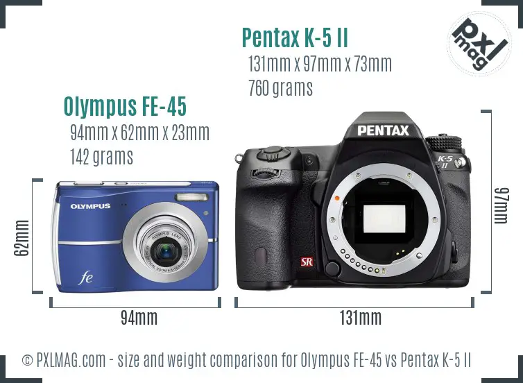 Olympus FE-45 vs Pentax K-5 II size comparison