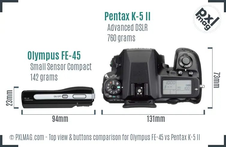 Olympus FE-45 vs Pentax K-5 II top view buttons comparison